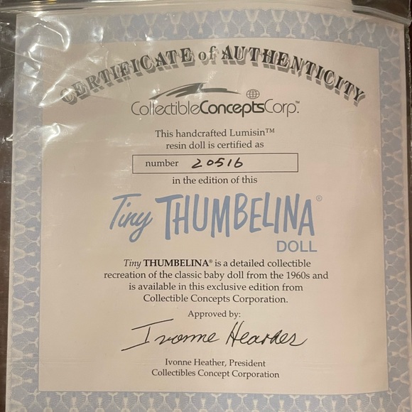 Tiny Thumbelina Doll with Certificate of Authenticity. Mint Condition! - Picture 5 of 5